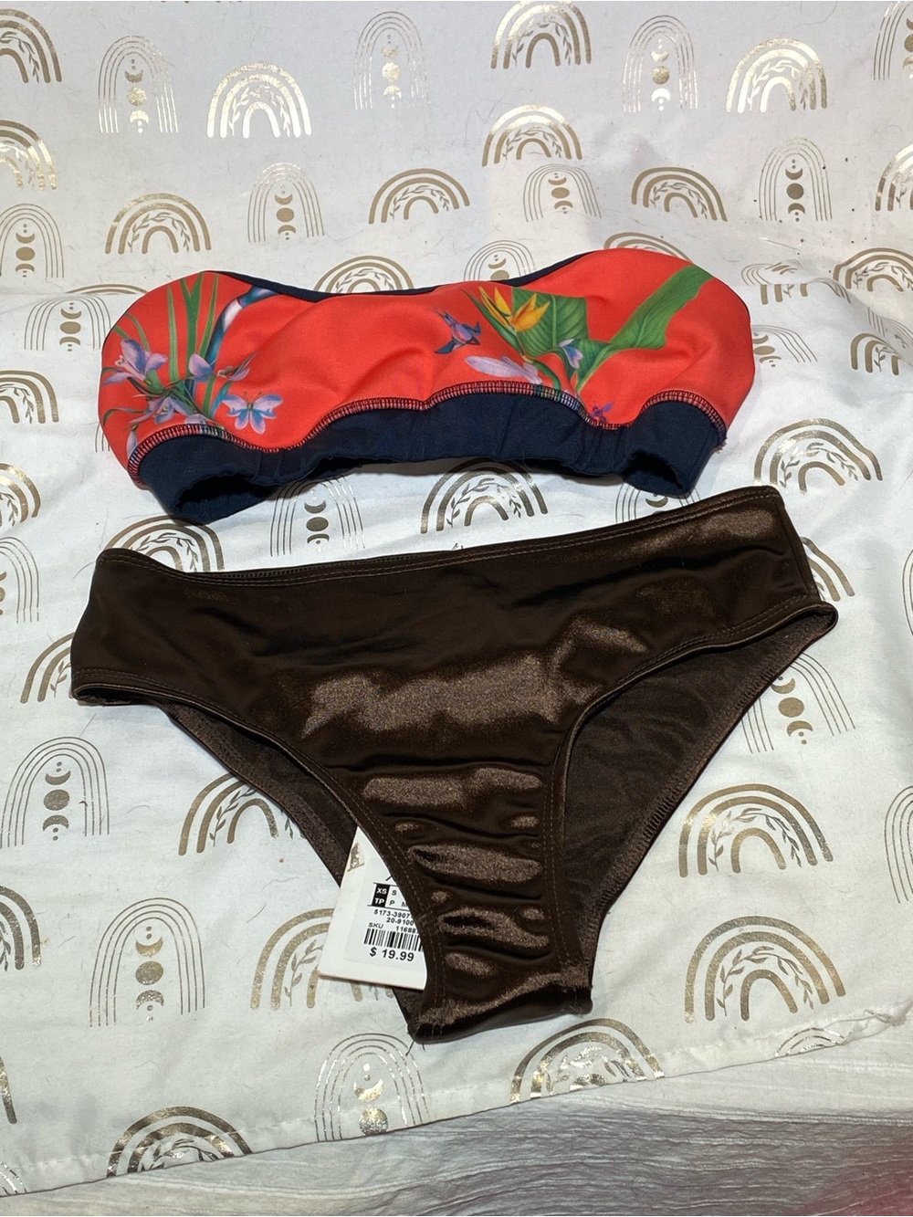 Ted Baker London Coral Floral Bandeau with Brown Bikini Bottom